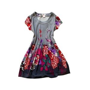 Funky People Short Sleeve Midi Dress Red Gray Floral Small Boho Pleated Hipster